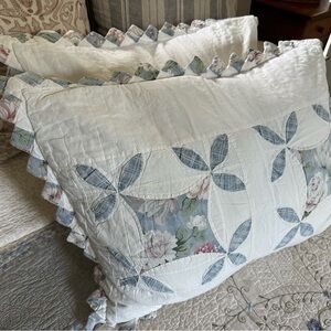 Set of 2 Vintage Floral Patchwork Quilted Pillow Shams with Ruffled Edges